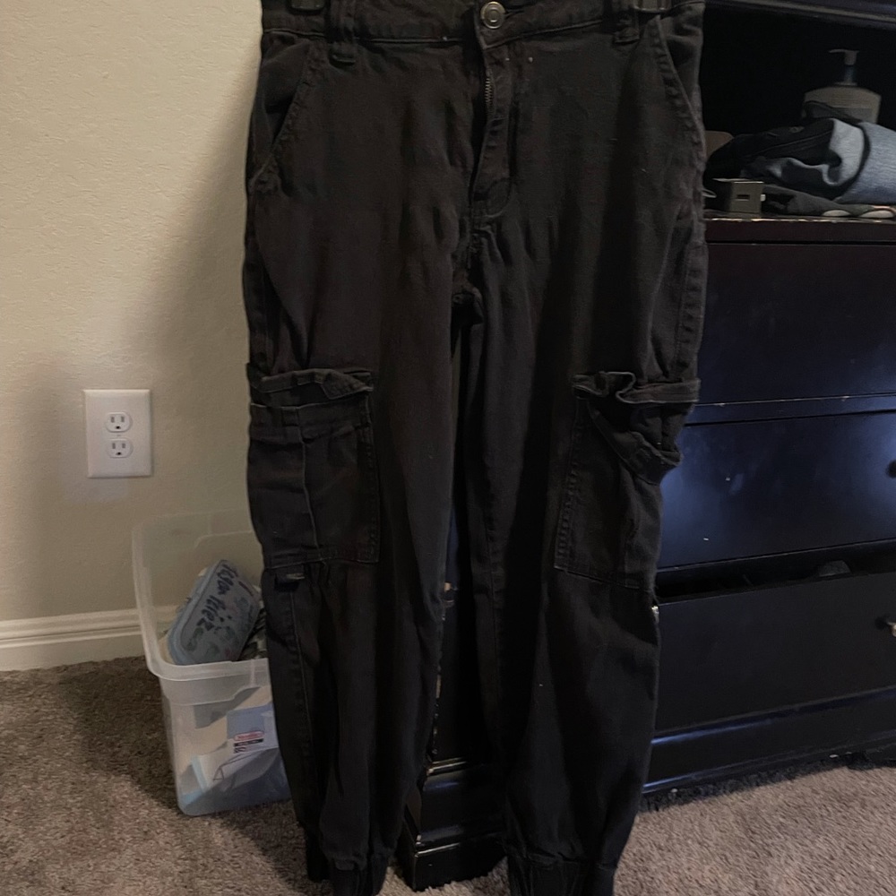 These are black ankle tight cargo jeans we’re definitely made awesome material!